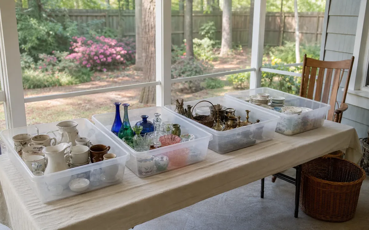 Clear plastic bins separate ceramic cups, colorful glassware, and metal serving pieces into provisional lots on a covered table.