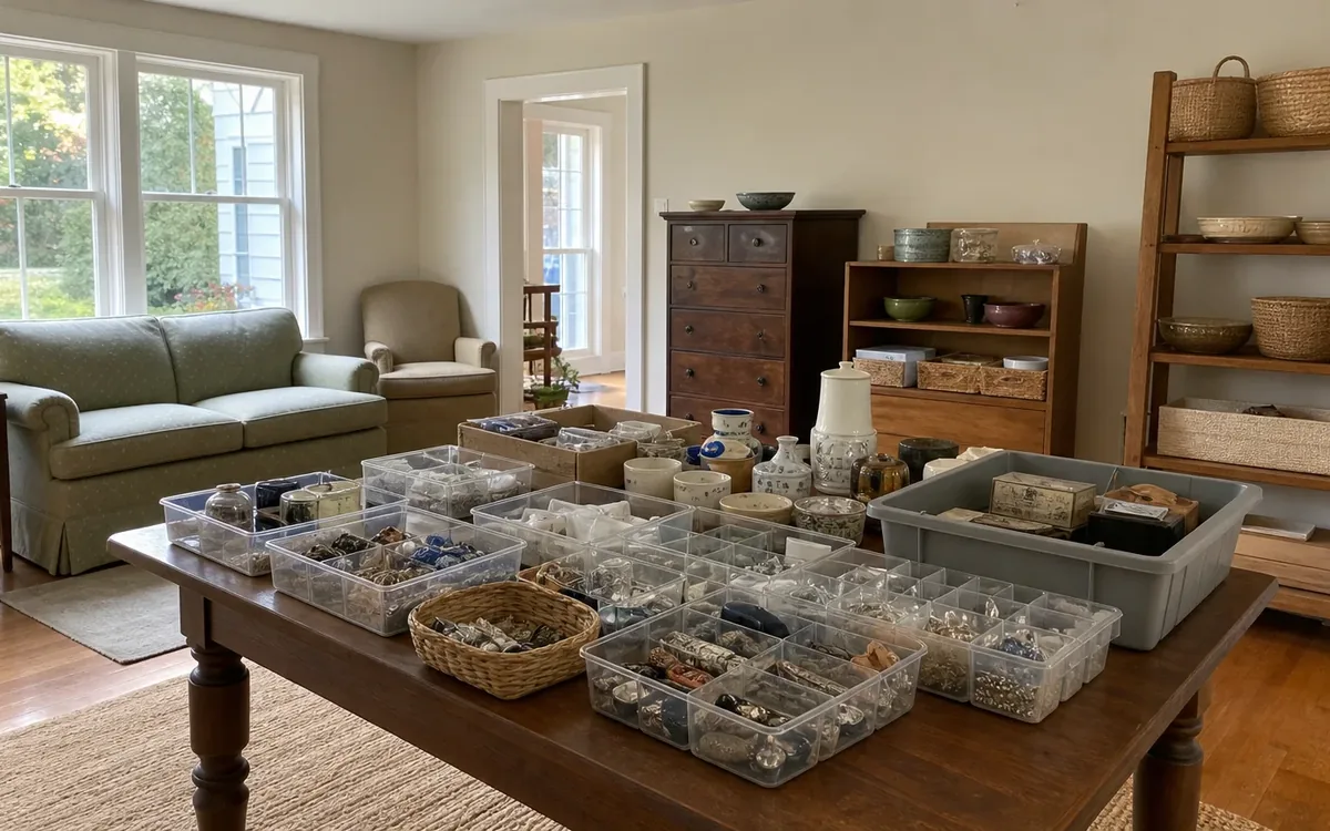 Small collectibles sorted into clear bins, a woven basket, and a gray tote on a wooden table in a furnished living room.