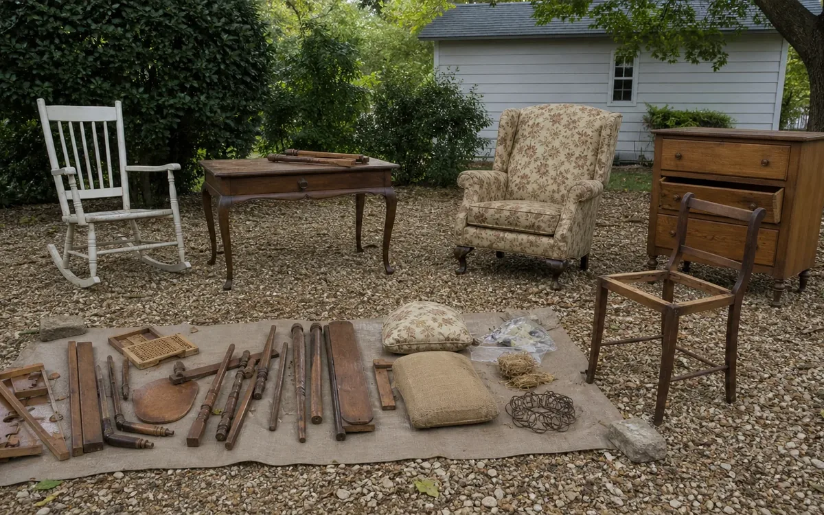 Disassembled wooden furniture parts and cushions lie on a ground cloth beside a chair with a missing seat and other furniture.