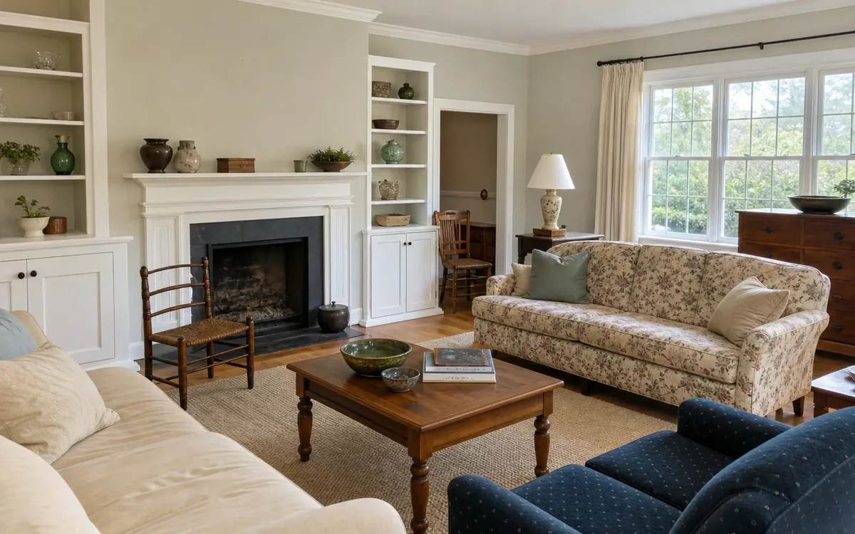 Living room with floral and cream sofas, a wooden coffee table, built-in shelves, a fireplace, and a chest beside large windows.
