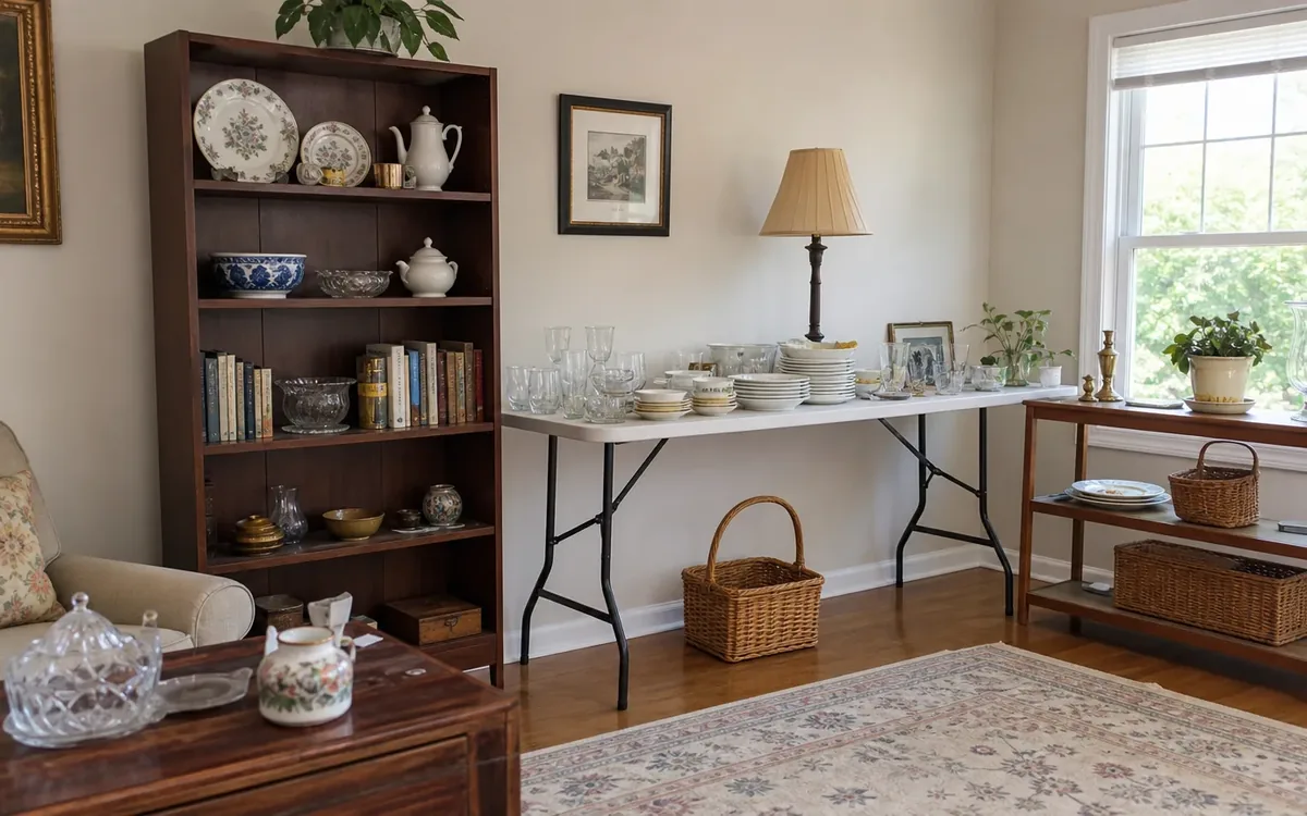 Hands organizing household items while planning how high should estate sale items be displayed?