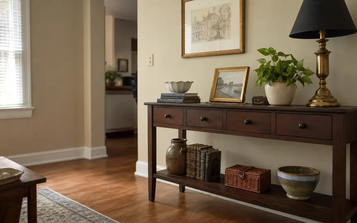Household items arranged for the next step in which surfaces are suitable for displays?
