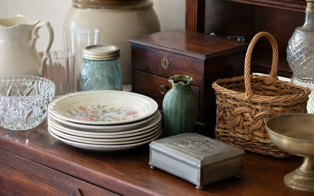 Assorted estate items include stacked floral plates, glassware, pottery, a wooden box, and a wicker basket.