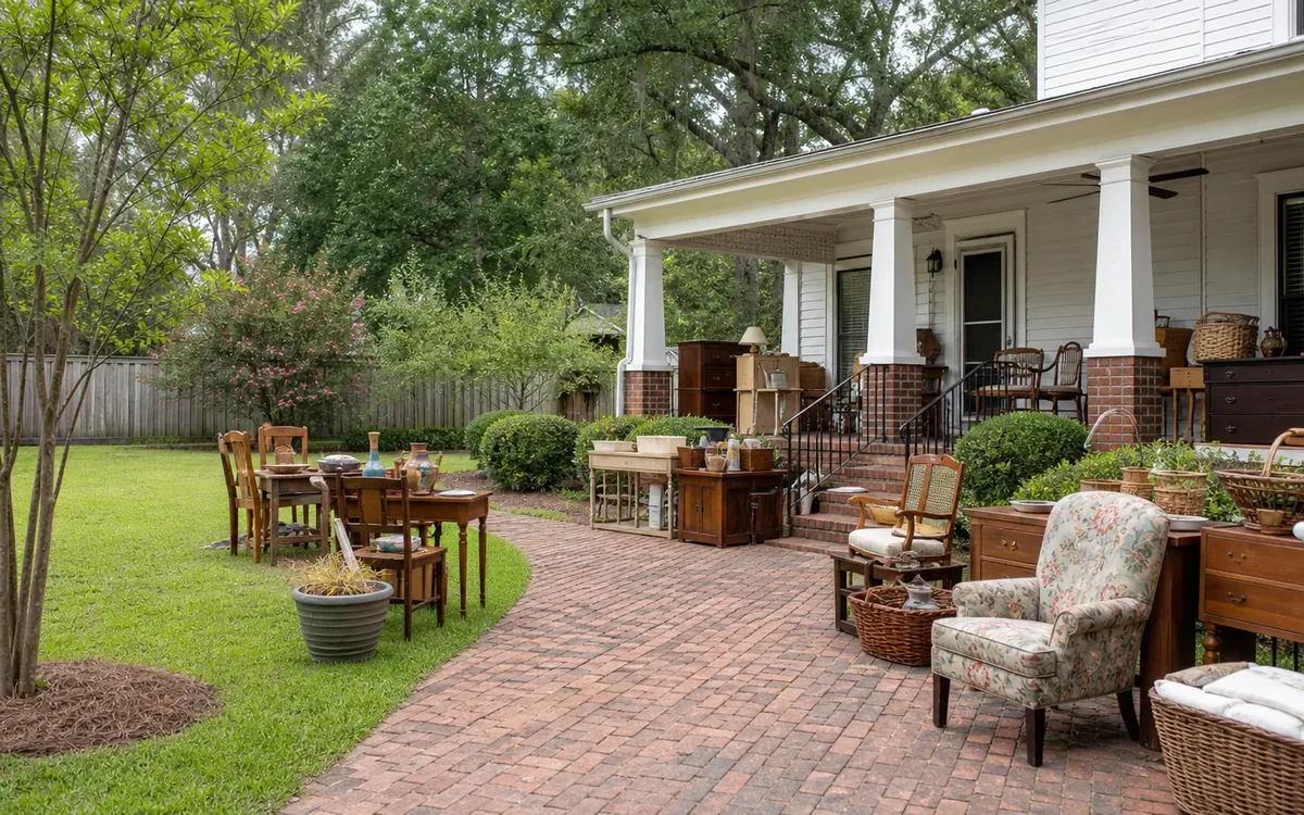 Furniture and household items arranged along a brick patio and lawn outside a large porch.