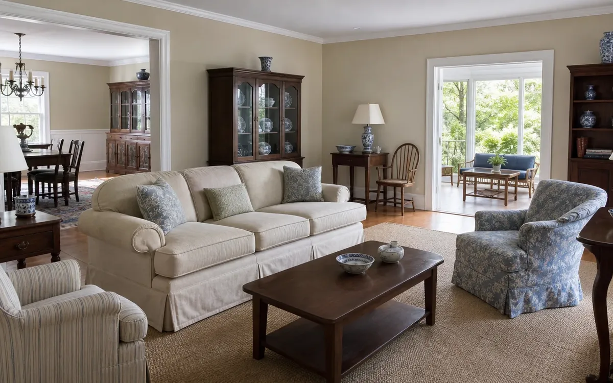 Furnished living and dining rooms with sofas, tables, chairs, cabinets, lamps, and decor arranged for viewing.