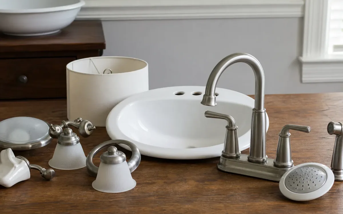 A sink basin, faucet assembly, showerhead, light shades, and other fixture parts sit on a wooden table.