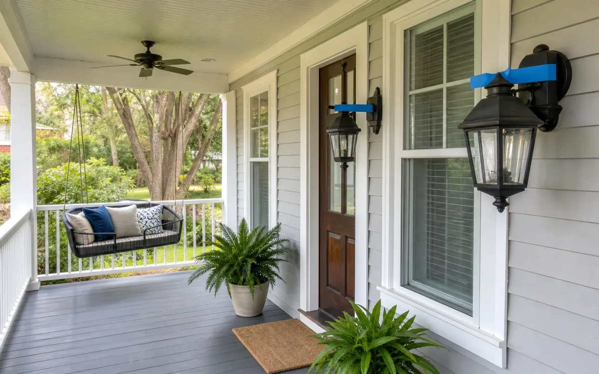 Blue tape marks two wall-mounted porch lanterns beside a wooden front door, with potted ferns and a cushioned porch swing nearby.