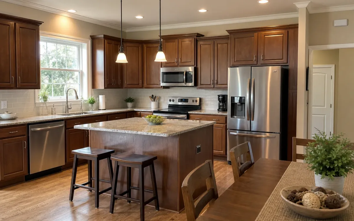 Kitchen with wood cabinets, stainless steel refrigerator, range, microwave and dishwasher, plus an island and dining table.