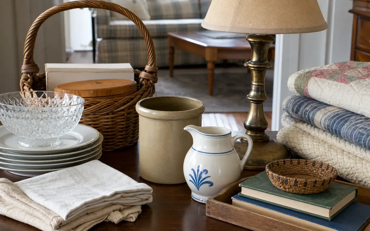 Dishes, folded linens, a wicker basket, pottery, books, quilts, and a table lamp grouped on a wooden table.