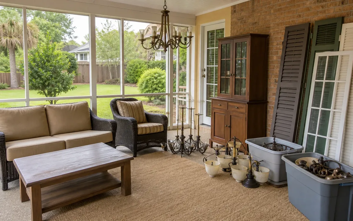 A sunroom holds seating, a cabinet, loose shutters, window panels, and bins of light fixtures awaiting sorting.