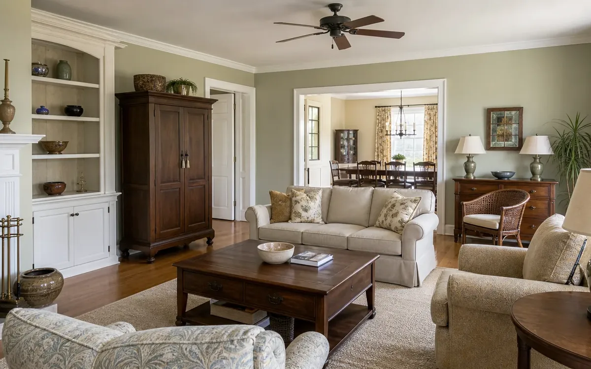 Living room with a ceiling fan, fireplace, built-in shelving, sofa, armchairs, wooden coffee table, and freestanding cabinet.