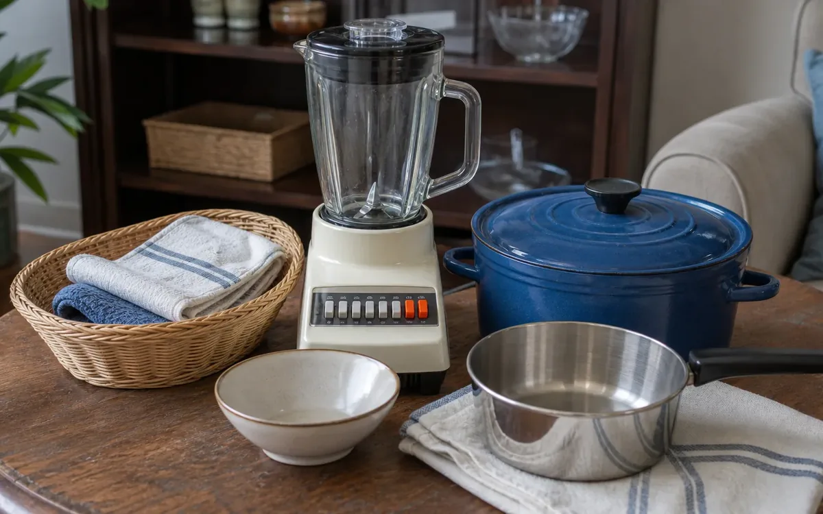 A blender, blue lidded pot, stainless steel saucepan, bowl, and basket of folded towels sit on a wooden table.