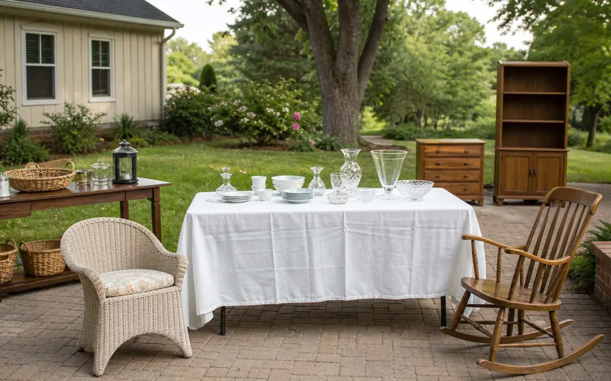 A white-covered table holds clear glassware outdoors, surrounded by a wicker chair, wooden rocker, side table, and cabinets.