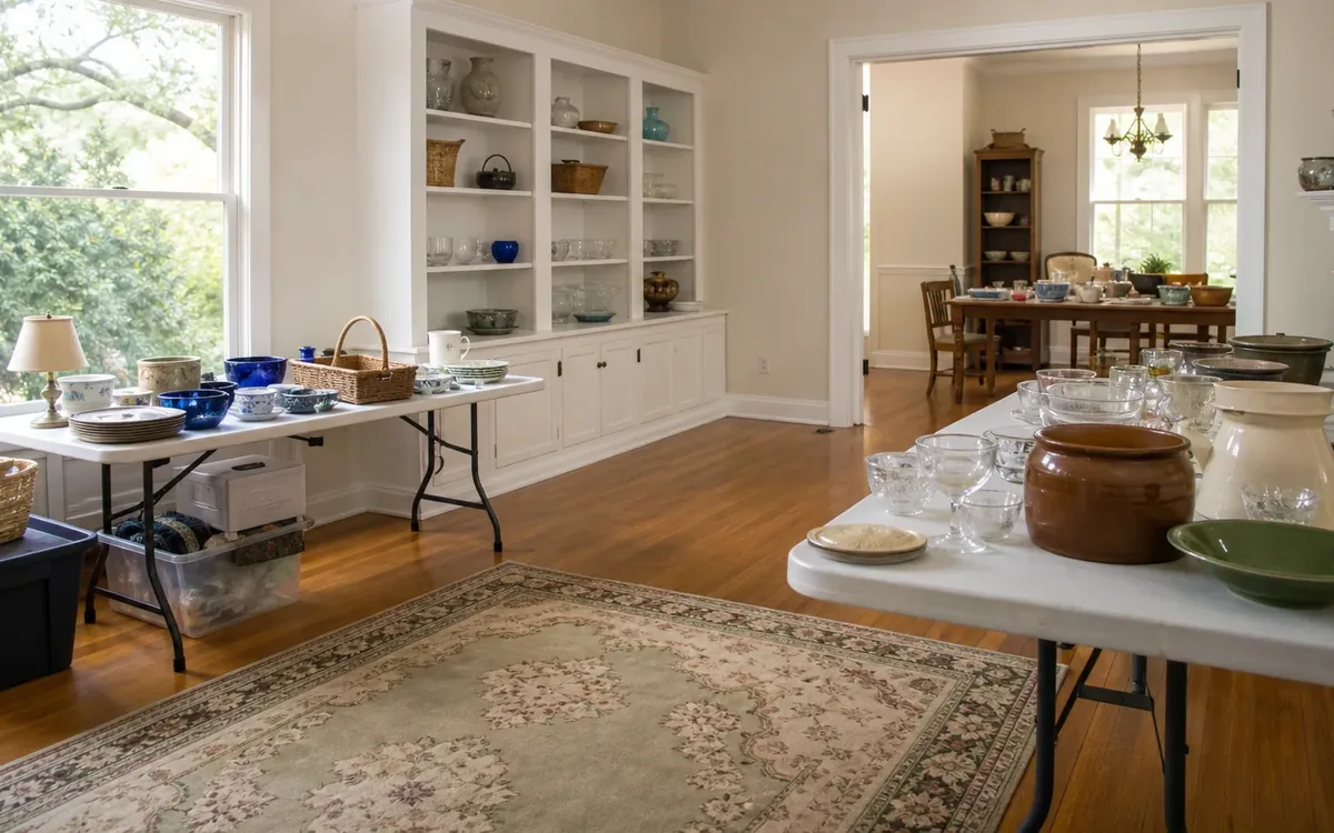 Folding tables hold bowls, pitchers, glassware, and a small lamp in a furnished room arranged for an estate sale.