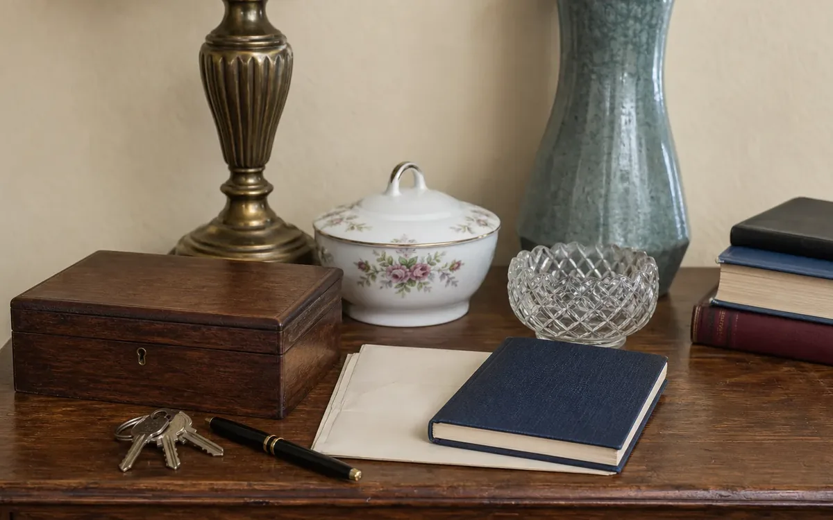 Keys, a pen, blank paper, a notebook, and household valuables arranged on a wooden desk.