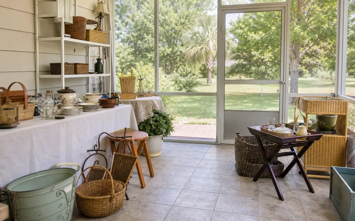 Household goods arranged on tables, shelves, chairs, and the floor of a compact enclosed porch.