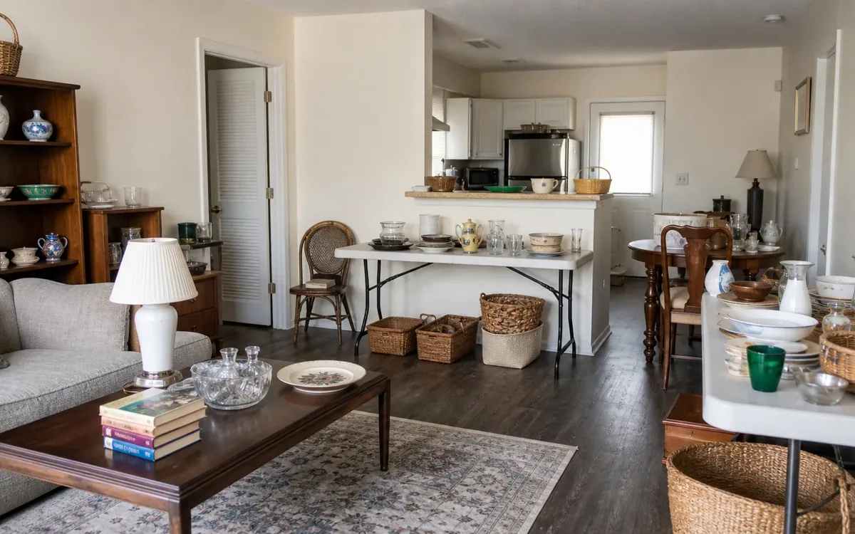 Small furnished apartment filled with tables, baskets, dishes, books, and decor arranged for an estate sale.