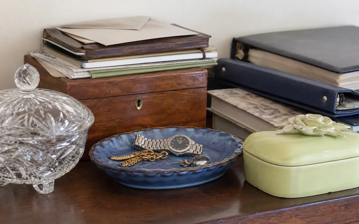 Personal jewelry, keepsake boxes, glassware, and document binders arranged on a wooden surface.