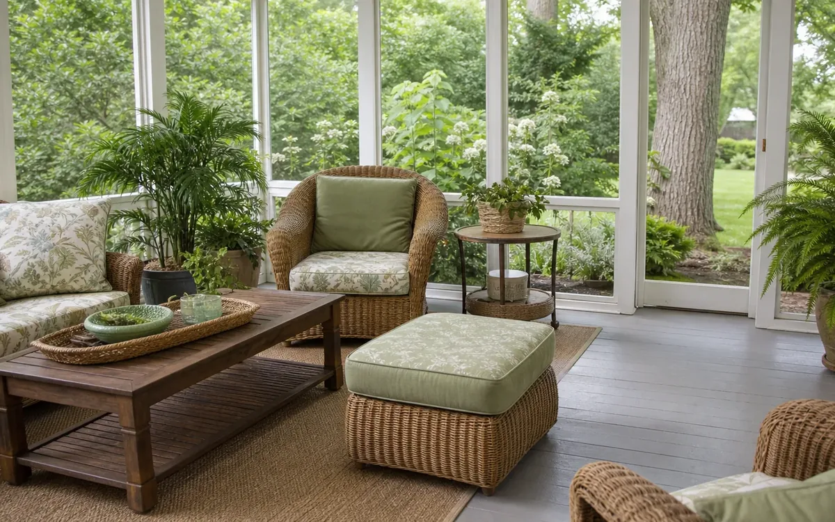 Furnished sunroom with wicker seating, a wooden coffee table, green cushions, plants, and large windows.