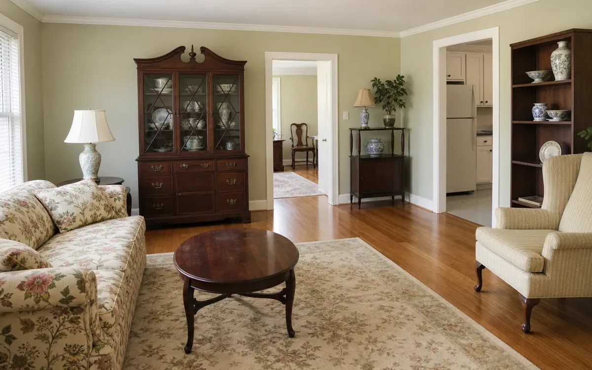 Traditional living room with floral sofa, armchair, coffee table, display cabinets, and open doorways.