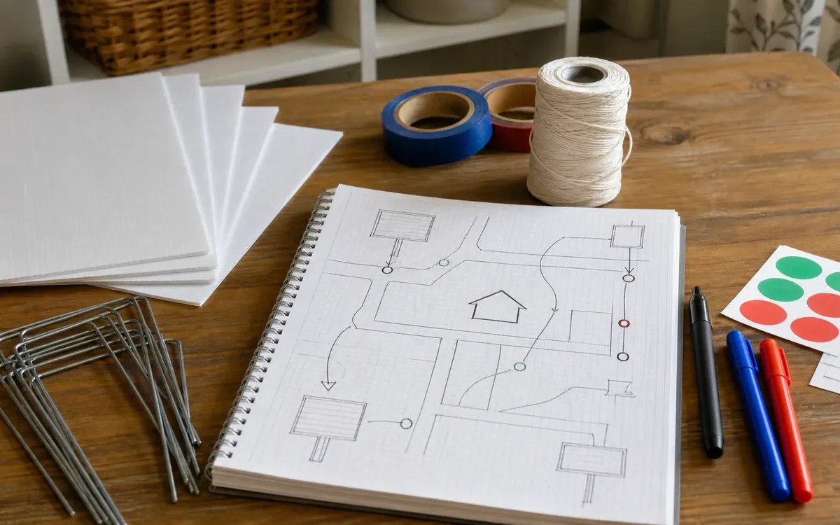 Notebook with a hand-drawn sign placement map, blank boards, stakes, tape, string, markers, and colored stickers on a table.