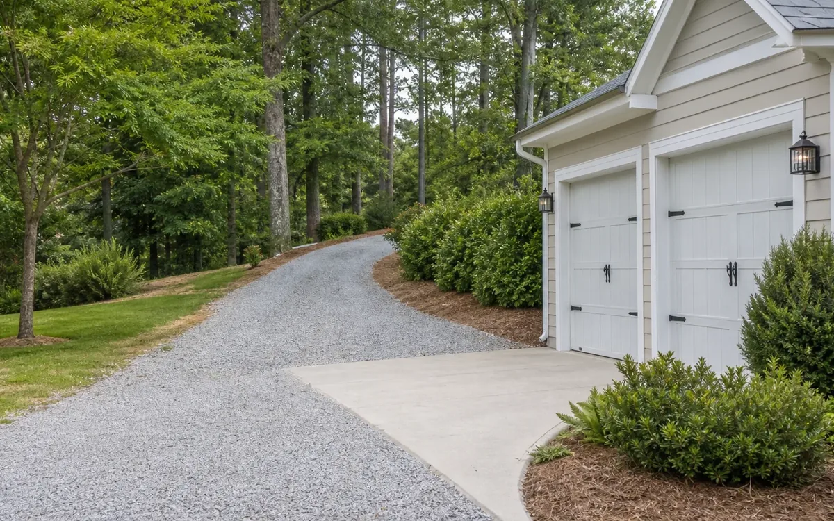 Wide gravel driveway curves past landscaped shrubs to a house with two white garage doors.