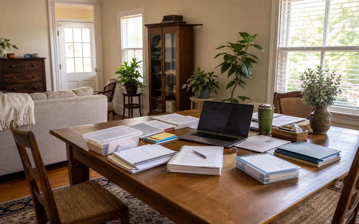 Dining table with a laptop, notebooks, papers, folders, and storage boxes arranged for estate sale planning.