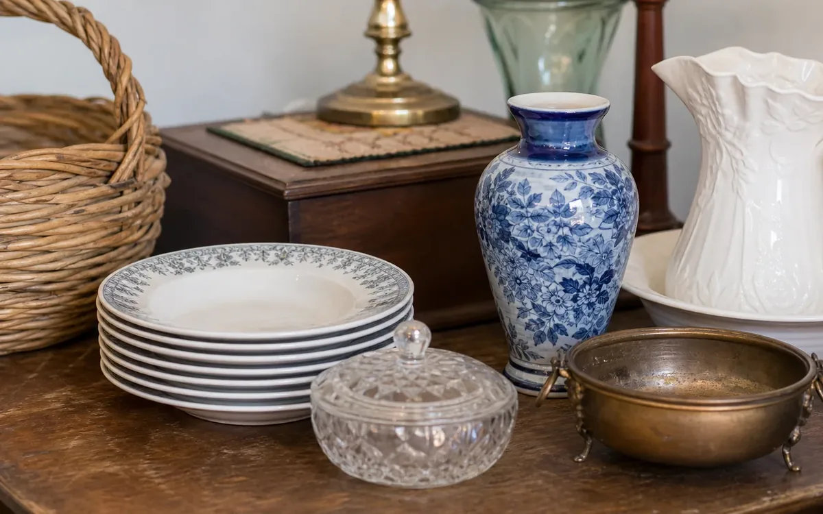 Assorted estate sale items on a wooden table, including stacked plates, vases, a crystal dish, basket, and brass bowl.