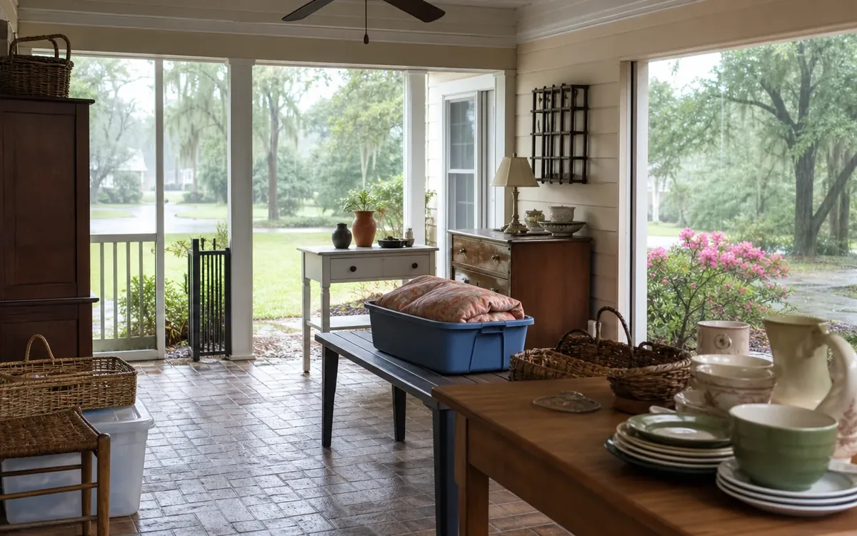Estate sale furnishings arranged indoors beside an open porch as heavy rain falls across the yard and driveway.