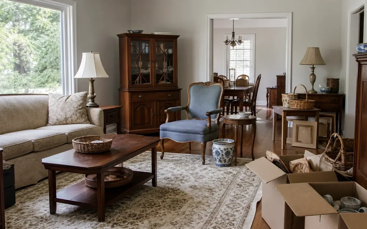 Furnished living room with antique furniture, baskets, lamps, and open boxes of household goods prepared for sale.