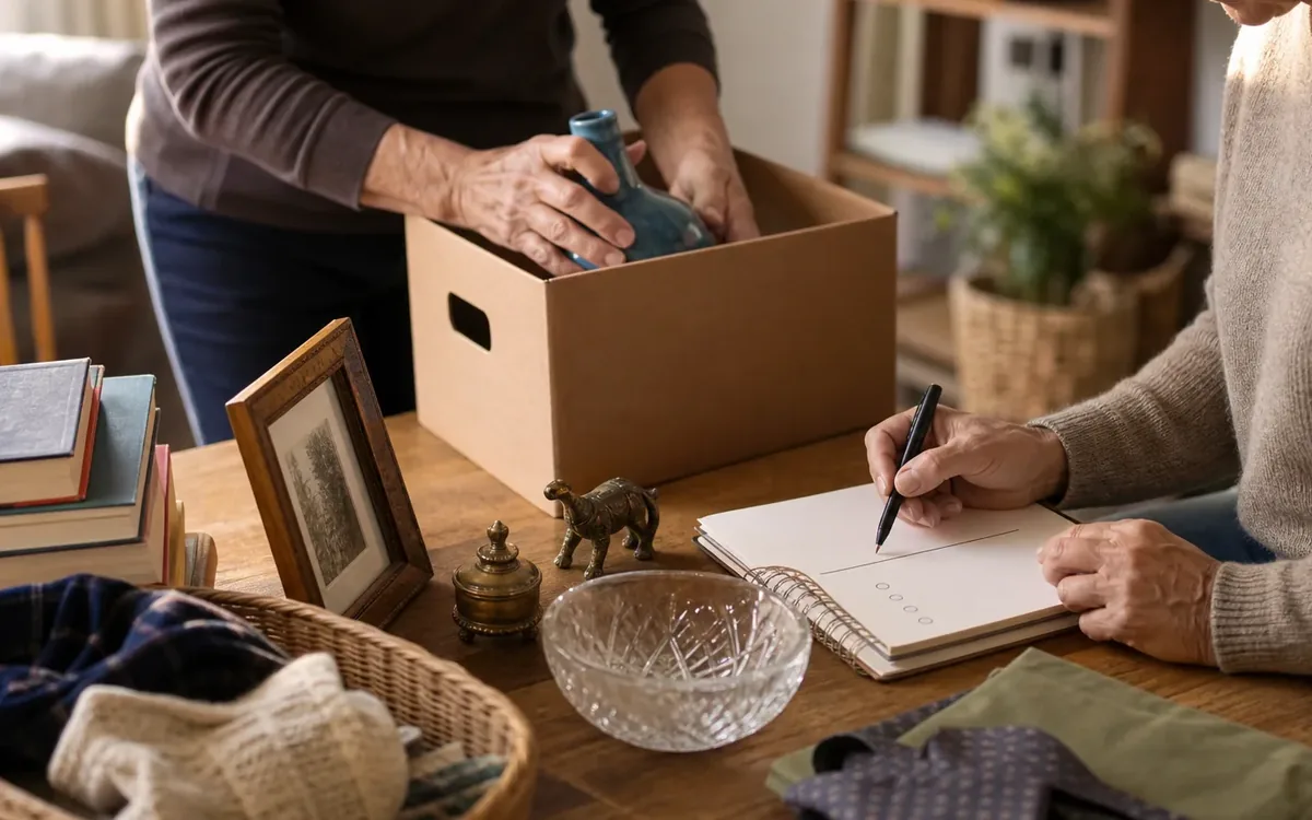 Hands organizing household items while planning which items tend to fit an estate sale?