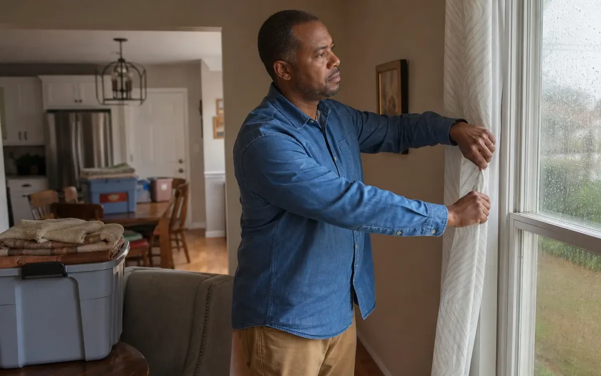 A man closes curtains beside a rain-streaked window, with a storage bin of household items nearby.