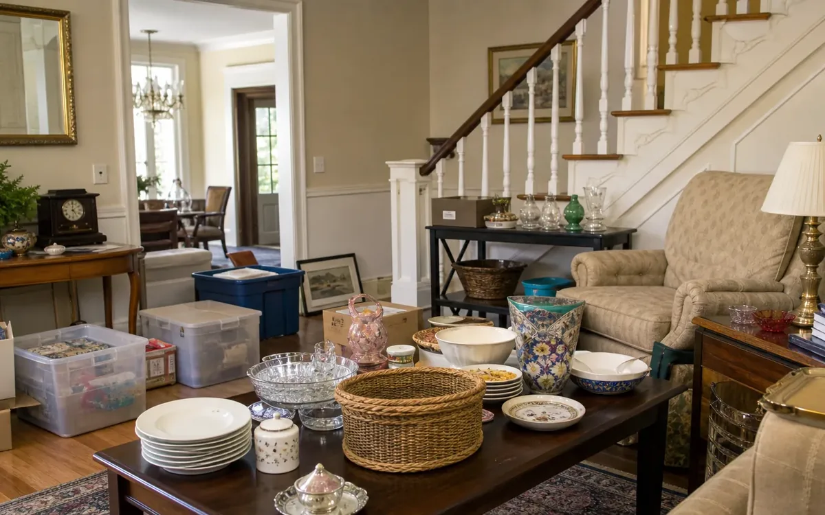 Estate sale items arranged indoors on tables and in storage bins, protected from possible bad weather outside.