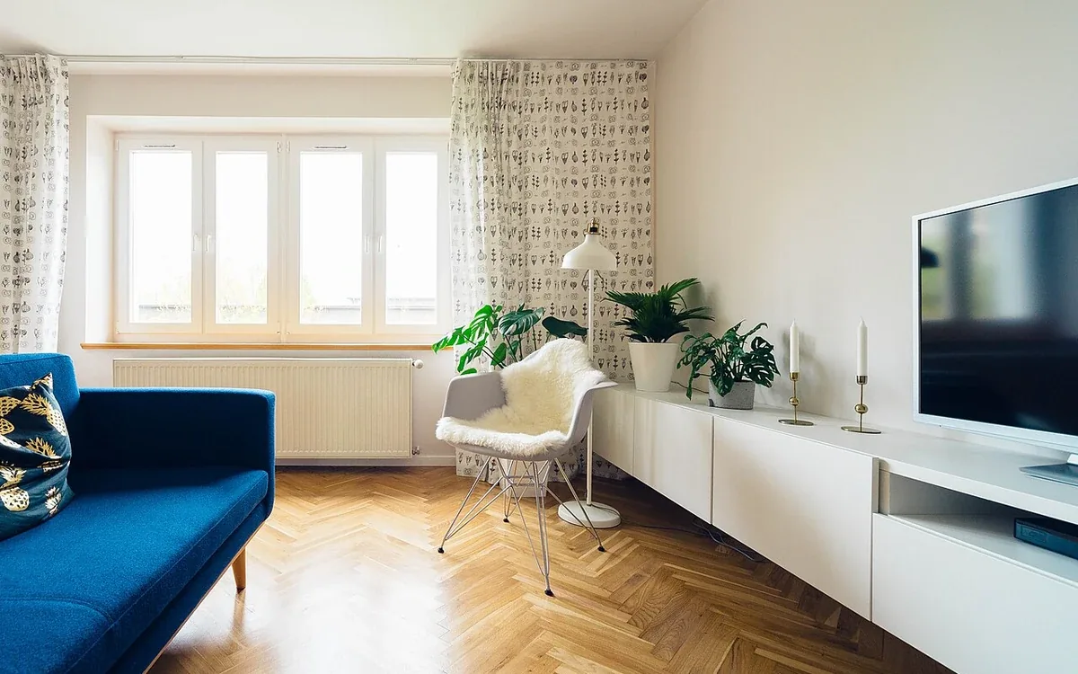 A blue sofa faces a white cabinet and television in a bright living room with pale wood flooring and leafy plants