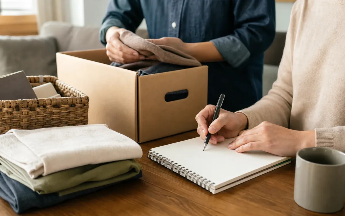 Hands organizing household items while planning start with decisions, not physical removal