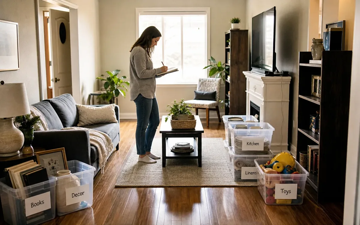 Labeled household belongings and a clear room path for review what the camera and buyer will notice