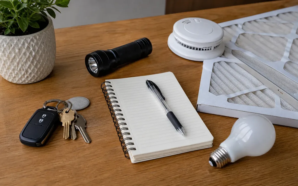 Keys, notebook, pen, flashlight, smoke detector, air filter, and light bulb arranged on a wooden table.