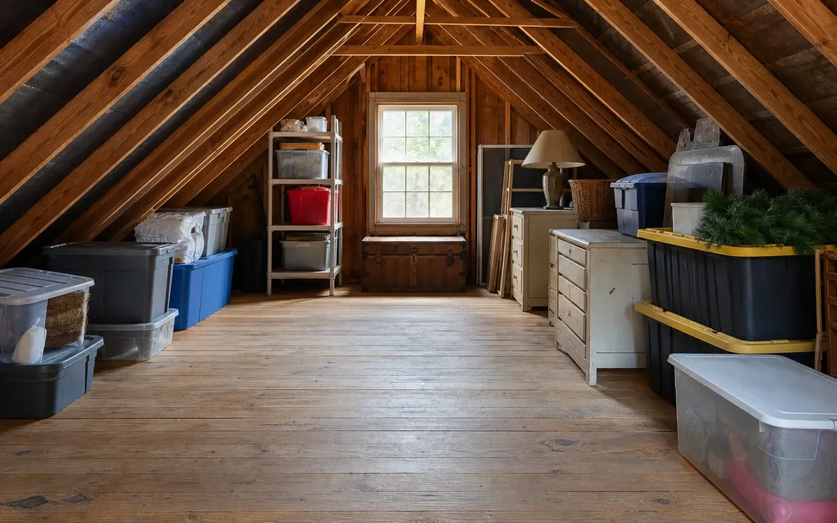 Wood-framed attic with storage bins, shelving, cabinets, and a clear floor ready for a final walkthrough check.