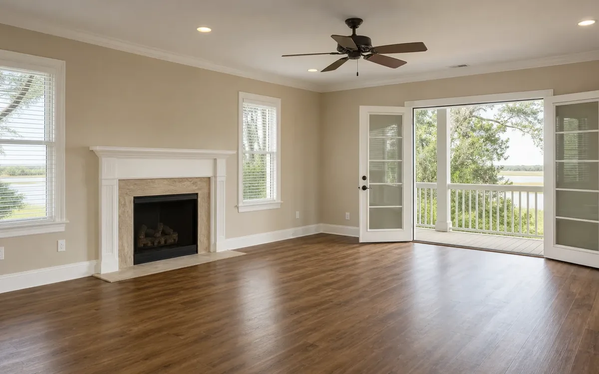 Empty living room with hardwood floors, a fireplace, ceiling fan, windows, and open French doors to a porch.