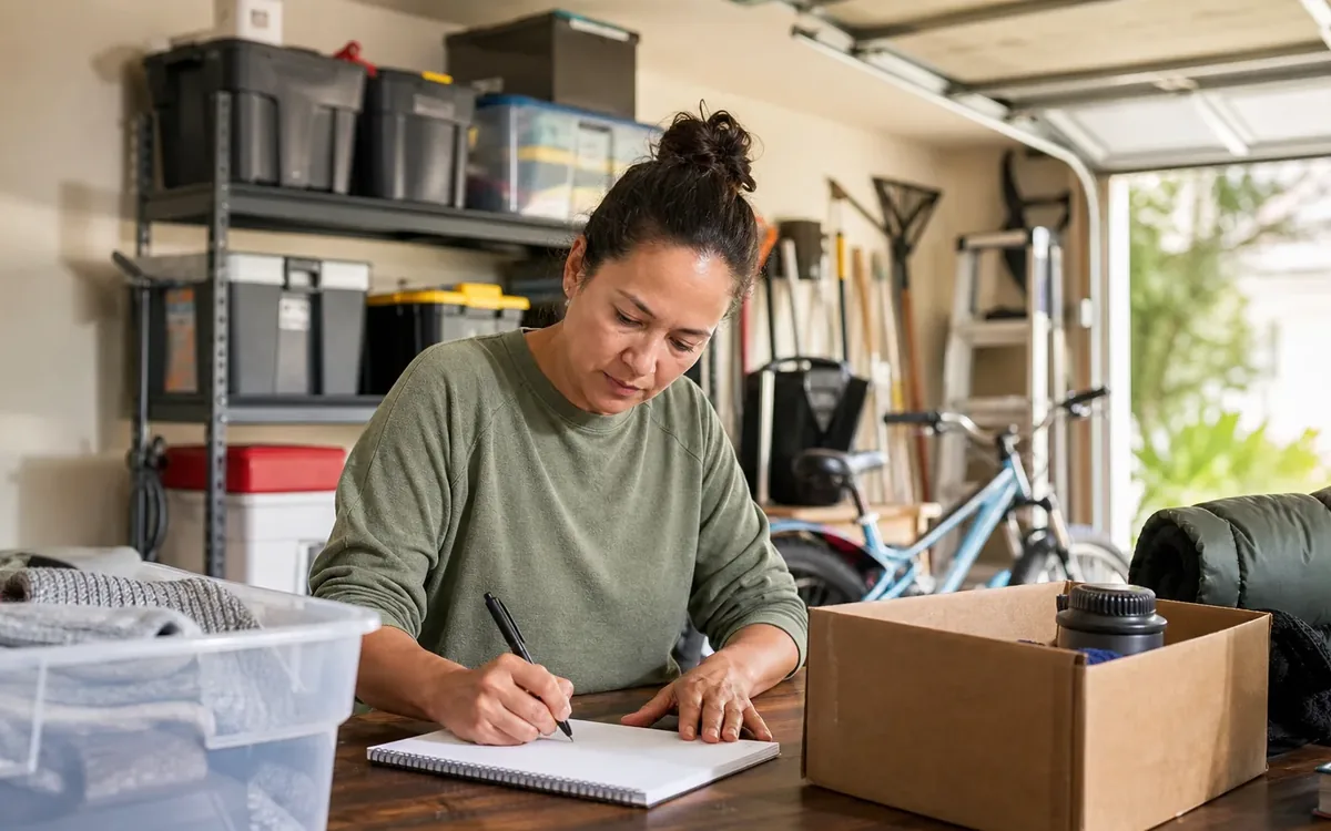 Hands organizing household items while planning 2. what should you remove from the garage first?