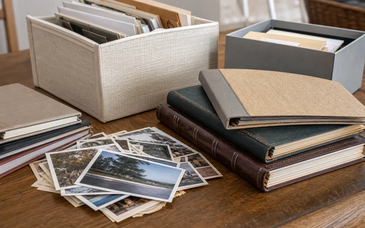 Loose landscape prints, stacked photo albums, and two boxes of stored photographs sit on a wooden table.