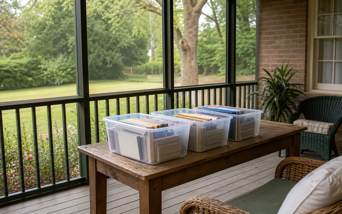 Three clear plastic bins holding upright stacks of photos and papers sit on a wooden table on a screened porch.