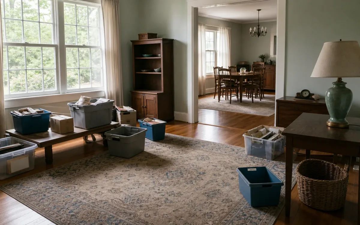 Plastic bins holding papers and photographs sit around a living room with a patterned rug, wooden furniture, and a table lamp.