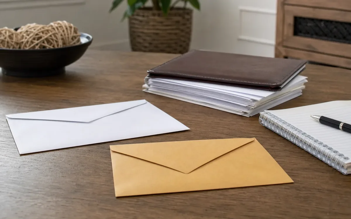 Two sealed envelopes, stacked documents, a notebook, and pen arranged on a wooden table.