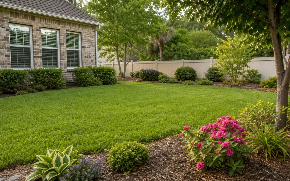 Neatly mowed lawn, trimmed shrubs, mulched flower beds, brick home, and white fence in a maintained yard.