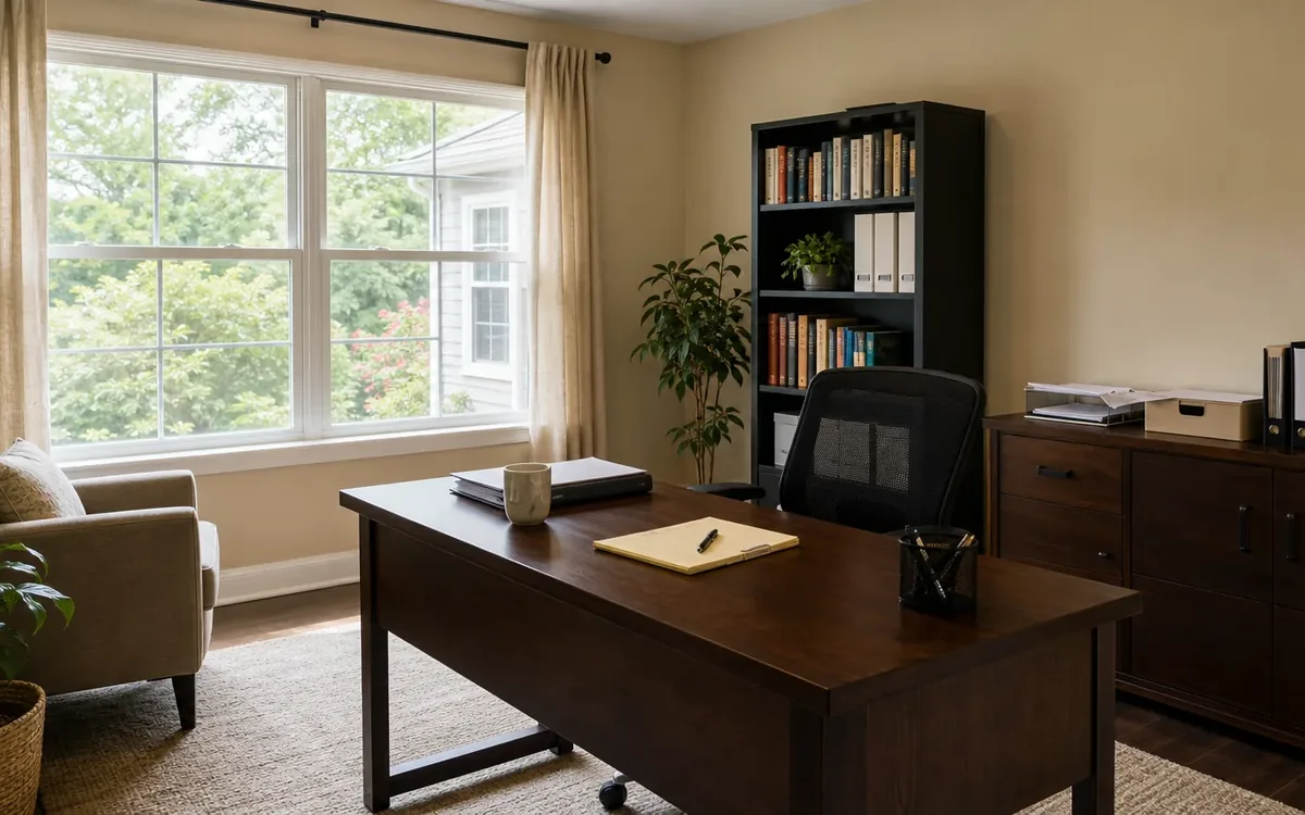 Home office with a wooden desk, chair, bookshelf, filing cabinet, armchair, plants, and a large window.