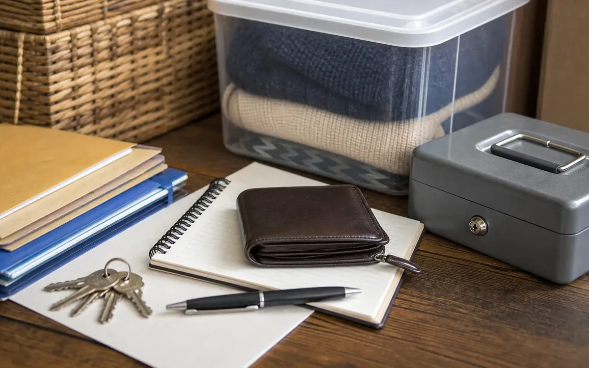 Keys, a pen, folders, and a brown wallet on a spiral notebook sit beside a gray lockbox and a clear bin of folded blankets.