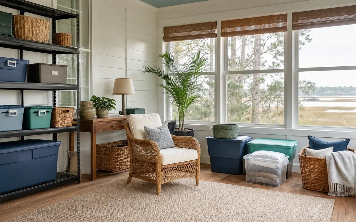 Storage bins and woven baskets arranged on shelves and beside a wicker chair in a bright room with large windows.
