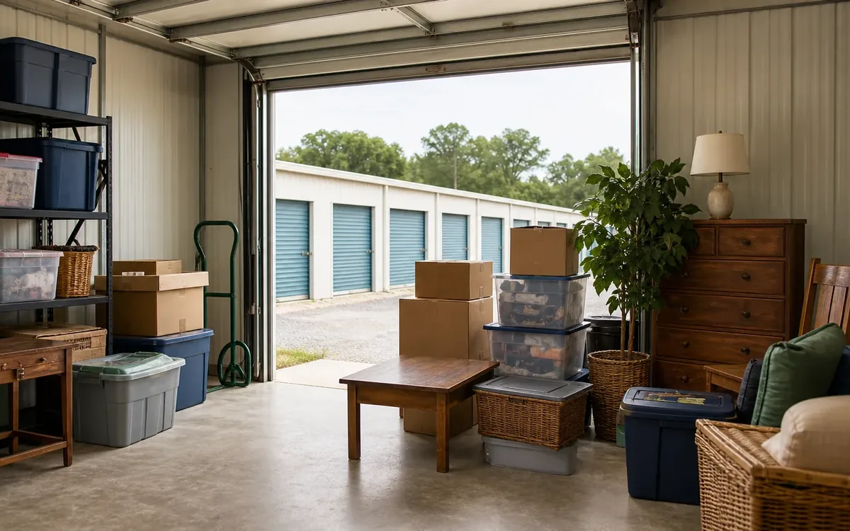 Open storage unit with stacked boxes, plastic bins, shelving, a wooden table, a dresser, and wicker furniture.