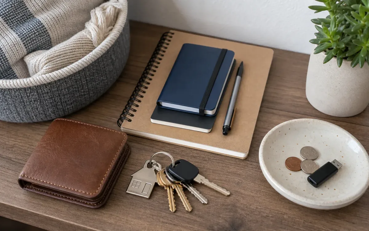 Keys and a brown wallet rest beside stacked notebooks and a pen, with coins and a USB drive in a dish on a wooden table.
